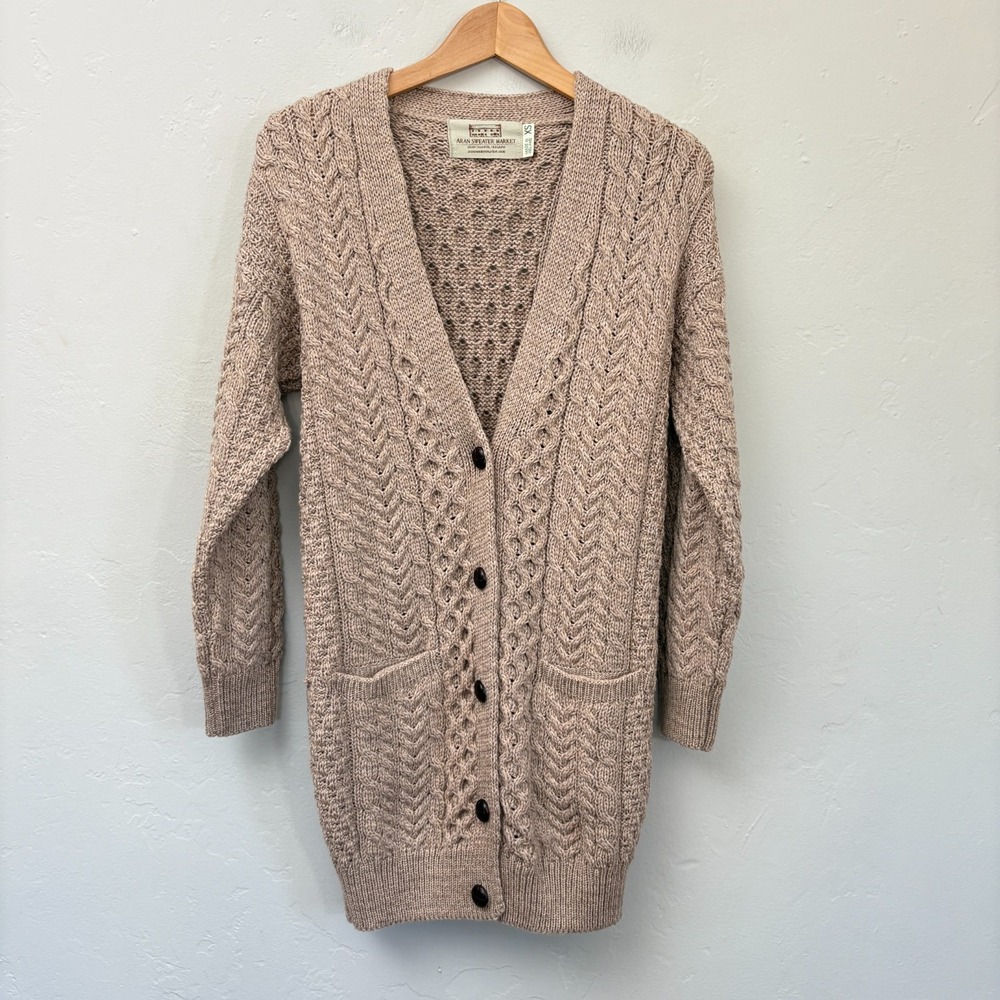 Aran Sweater Market Merino Wool Cardigan Men Sz XS Beige Button Down Cable Knit